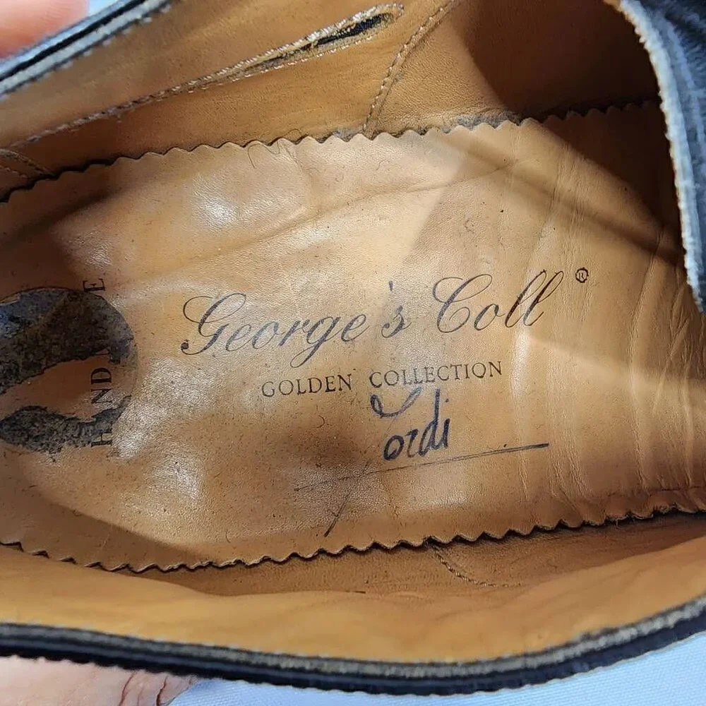 George's Coll Size 7.5 Mens Handmade SPAIN Black Leather Wingtip Oxfords K
